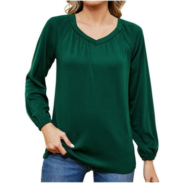 Yufatyle Tops for Women Long Sleeve Plus Size Shirt V-Neck Solid Blouses Casual for Fall Winter