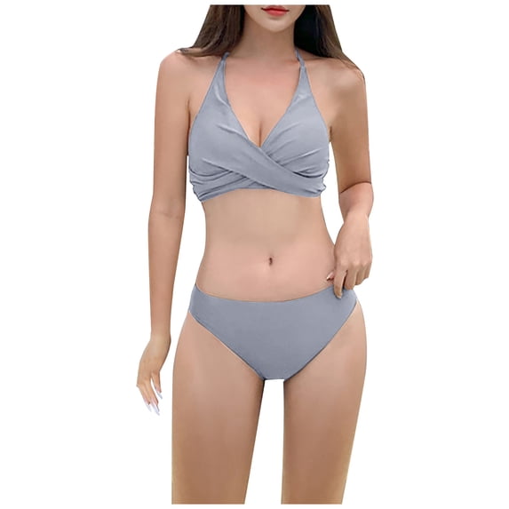 SwiftWear Two Piece Swimsuit for Women Twist Front Push up Halter Bathing Suit Low Rise Swimwear Gray M