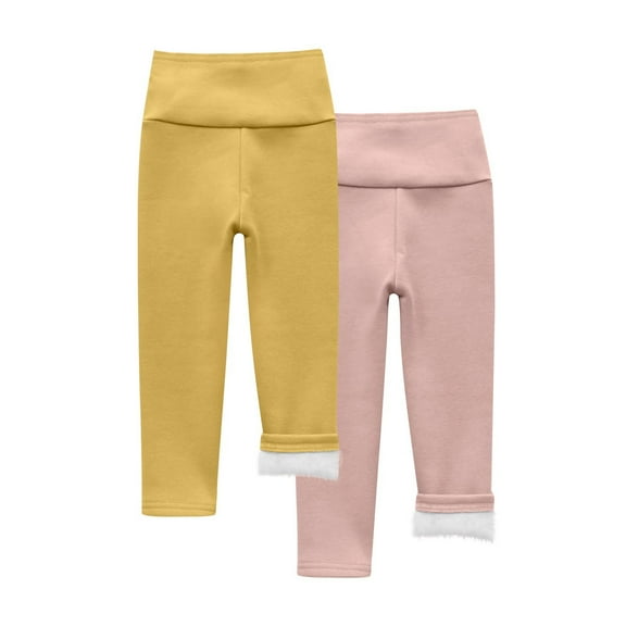 SwiftWear Two Pieces Girl's Fleece Lined Leggings Footless Tights High Waisted Slim Fit Pants Winter Warm Thermal, Yellow Pink