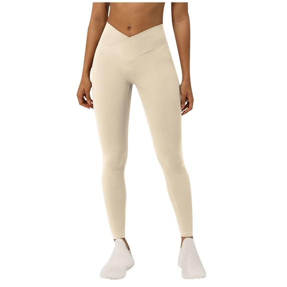 SwiftWear V Crossover High Waisted Leggings for Women - Soft Stretchy Yoga Pants for Workout Athletic Beige Skinny Pants L