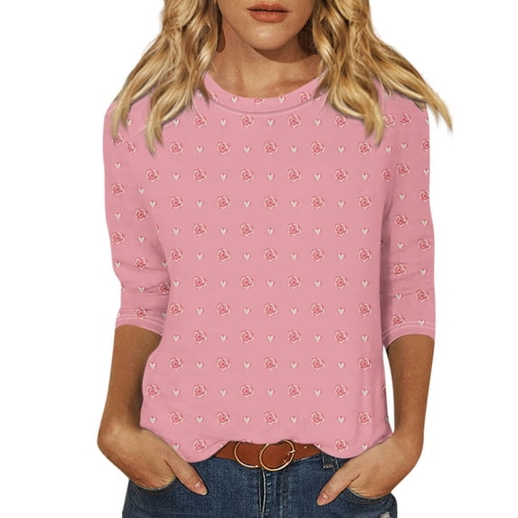 SwiftWear Valentine's Shirts for Women Three Quarter Length Sleeve Tops Heart Rose Printed Blouse Holiday Casual Tunics Pink