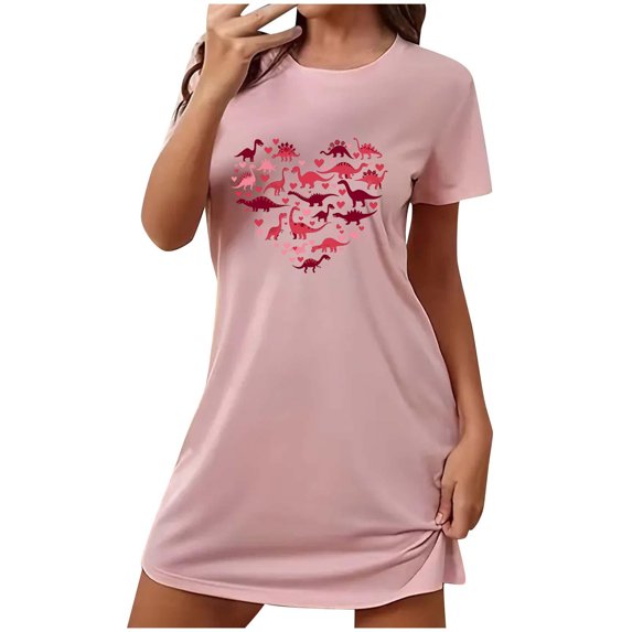 Yufatyle Valentines Day Gifts Short Sleeve Crew Neck Nightgowns Soft Comfort Homewear Heart Graphic T-Shirts Dress Pink