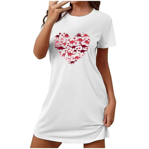Yufatyle Valentines Day Gifts Short Sleeve Crew Neck Nightgowns Soft Comfort Homewear Heart Graphic T-Shirts Dress White