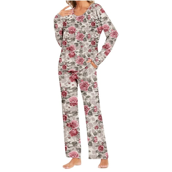 SwiftWear Vintage Floral Pajamas Set for Women Long Sleeve Pleated Shirts + Pants with Pockets 2 Pcs Sleepwear Cute Loungewear 2XL