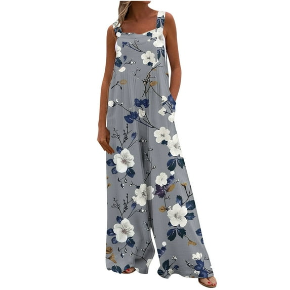 SwiftWear Wide Leg Jumpsuits for Women Fashion Summer Sleeveless Flower Printing Button Pocket Jumpsuits Long Pants S