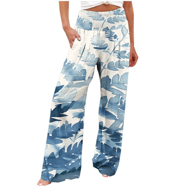 SwiftWear Wide Leg Pants Women Casual Comfortable Trendy Printing Pockets Pleated Elastic High Waist Straight Loose Pants L