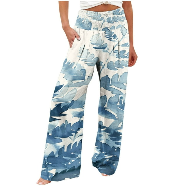 SwiftWear Wide Leg Pants Women Casual Comfortable Trendy Printing Pockets Pleated Elastic High Waist Straight Loose Pants L