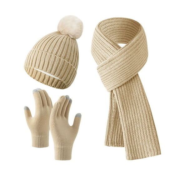 SwiftWear Winter Beanie Hat Scarf Gloves Set for Women, Womens Beanie with Pom Pom Long Scarf Touchscreen Gloves 3 in 1 Gift Set Beige