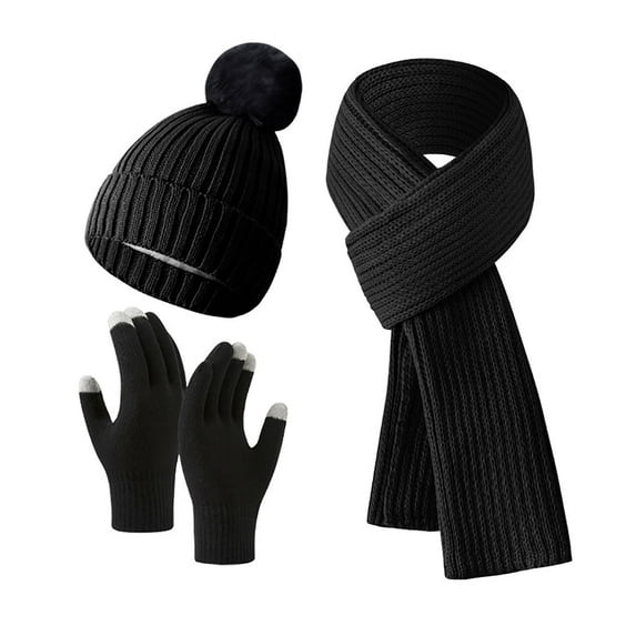 SwiftWear Winter Beanie Hat Scarf Gloves Set for Women, Womens Beanie with Pom Pom Long Scarf Touchscreen Gloves 3 in 1 Gift Set Black