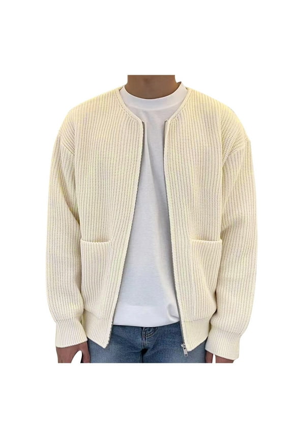 Winter Knitted Jackets for Men Peacock Velvet Solid Knit Round Neck Cardigan Relaxed Zipper Sweater Coat Beige XXXXL