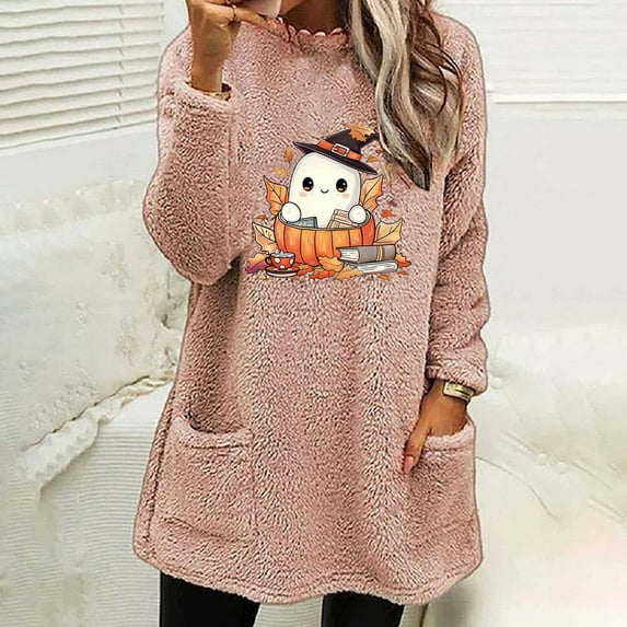 SwiftWear Winter Warm Sweatshirts for Women Cute Ghost Graphic Tops Long Sleeve Crew Neck Shirts Soft Cozy Pockets Loungewear M
