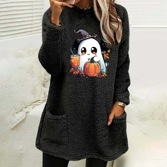 SwiftWear Winter Warm Sweatshirts for Women Cute Ghost Graphic Tops Long Sleeve Crew Neck Shirts Soft Cozy Pockets Loungewear S