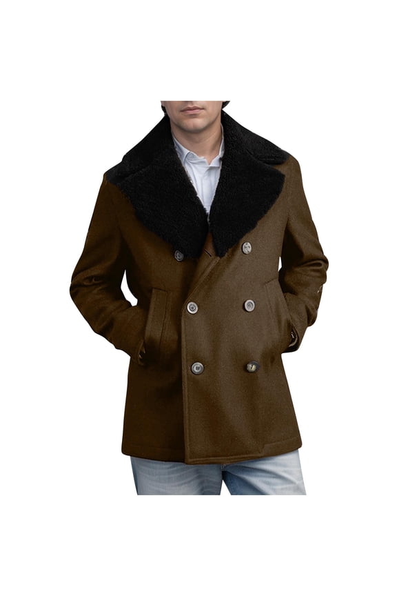 Winter Woolen Jackets for Men Solid Color Pockets Double-Breasted Long Sleeves Loose Coat Lapel Overcoat Brown XXL