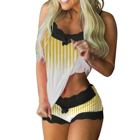 SwiftWear Women Cami Pajama Set Comfy Striped Sleepwear Lace Trim 2 Piece Set with Shorts Yellow PJ Loungewear for Summer L