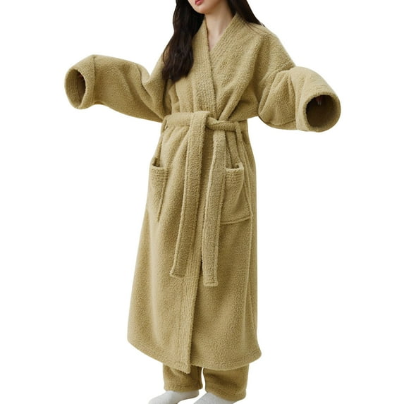 SwiftWear Women Kimono Robes Warm Long Bathrobe Solid Color Pockets Bath Robe Home Wear Yellow Sleepwear