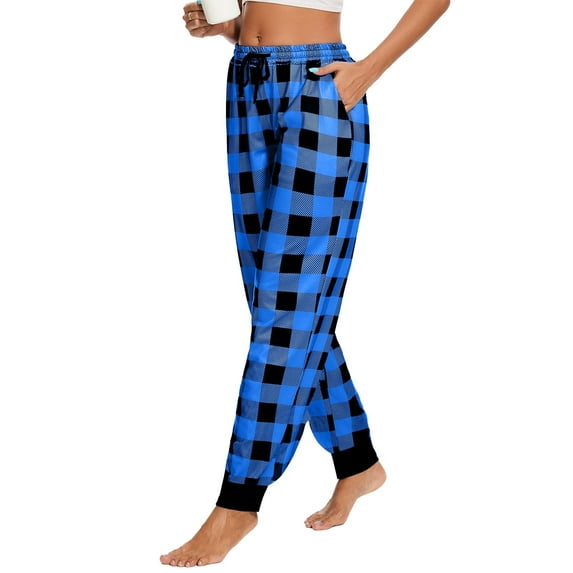 SwiftWear Women Plaid Pajama Pants Cuff Leg Joggers PJ Pants with Pockets Drawstring Lounge Homewear Workout Blue L