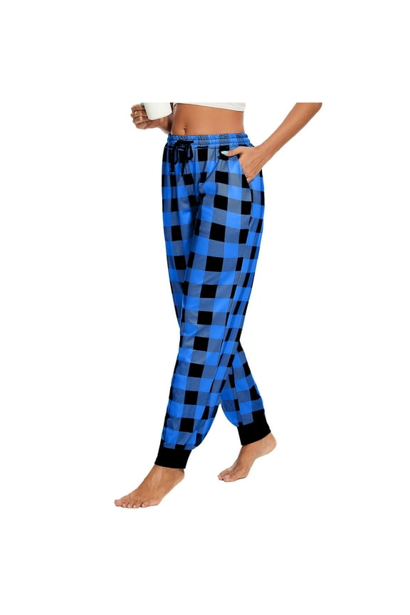 Women Plaid Pajama Pants Cuff Leg Joggers PJ Pants with Pockets Drawstring Lounge Homewear Workout Blue L