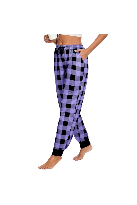 Women Plaid Pajama Pants Cuff Leg Joggers PJ Pants with Pockets Drawstring Lounge Homewear Workout Purple L