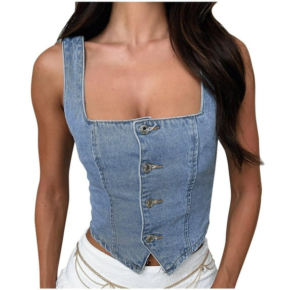 SwiftWear Women's Button Down Denim Vest Sleeveless Crop Top Slim Fit Tank Tops Y2K Streetwear S