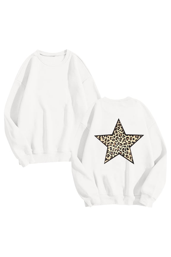 Women's Casual Cute Oversized Long Sleeve Crew Neck Sweatshirt Back Leopard Star Graphic Pullover Top White