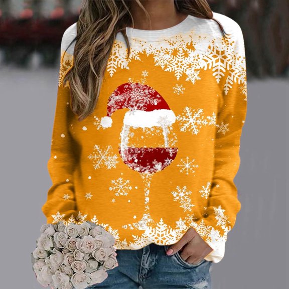 SwiftWear Women's Christmas Pullover Sweatshirt Snowflake Wine Glass Print Shirts Long Sleeve Crewneck Top Warm Xmas Gift M