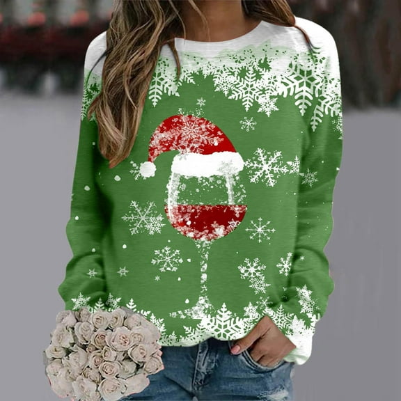 SwiftWear Women's Christmas Pullover Sweatshirt Snowflake Wine Glass Print Shirts Long Sleeve Crewneck Top Warm Xmas Gift M