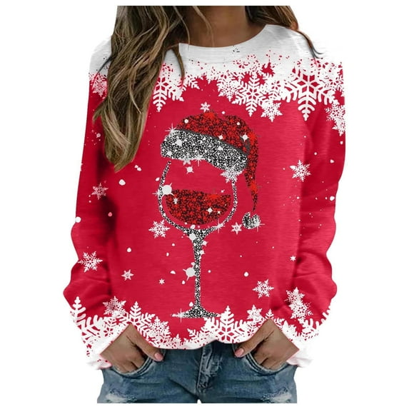 SwiftWear Women's Christmas Sweatshirt Snowflake Wine Glass Print Shirts Long Sleeve Crewneck Top Xmas Holiday Gift 2XL