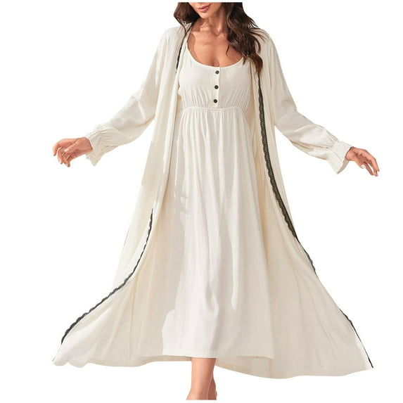 SwiftWear Women's Cotton Nightgown with Robes Set 2 Piece Lace Trim Sleepwear Cute Cami Nightwear White Homewear Lounge Set M