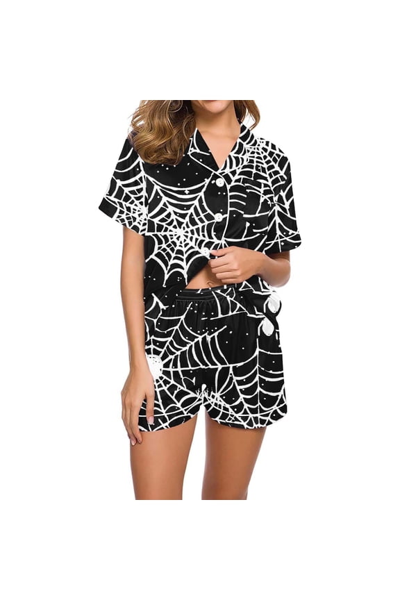 Women's Halloween Pajamas Set Collared Button Down Sleepwear Cute Ghost Spider Print Lounge Shorts Set Soft Homewear 2XL