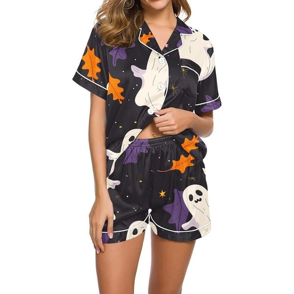 SwiftWear Women's Halloween Pajamas Set Collared Button Down Sleepwear Cute Ghost Spider Print Lounge Shorts Set Soft Homewear 2XL