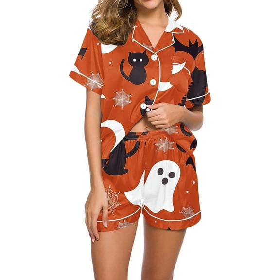SwiftWear Women's Halloween Pajamas Set Collared Button Down Sleepwear Cute Ghost Spider Print Lounge Shorts Set Soft Homewear S
