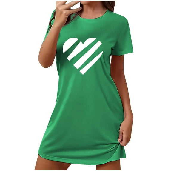 SwiftWear Women's Heart Print Short Sleeve Crew Neck Sleepshirts Soft Nightgown Sleepdress Gifts for Her Green