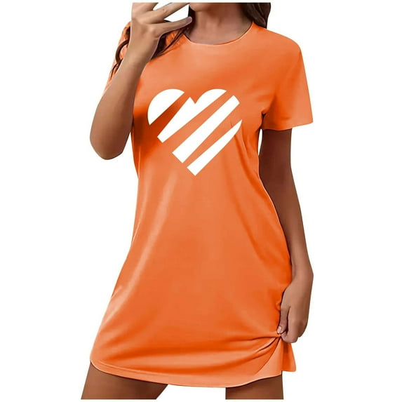 SwiftWear Women's Heart Print Short Sleeve Crew Neck Sleepshirts Soft Nightgown Sleepdress Gifts for Her Orange