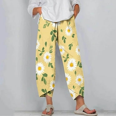 Yufatyle Women's Loose Fit Lightweight Quick Drying Elastic Waist Pants with Pockets Daisy Printed Cropped Pants XXXL