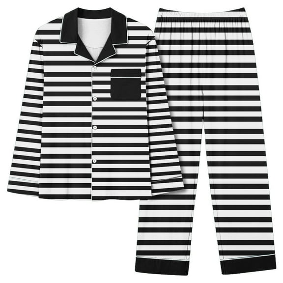 SwiftWear Women's Pajama Sets 2PC Loungewear Long Sleeve Collared Button Up Shirts with Chest Pocket   Pants Casual Striped Pajamas, Black XL