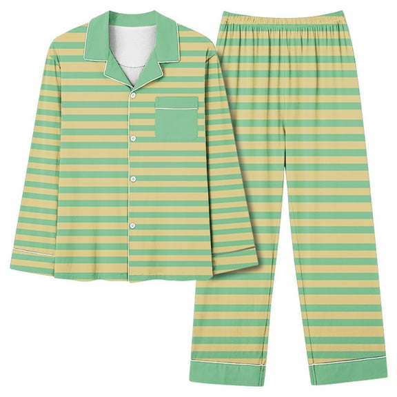 SwiftWear Women's Pajama Sets 2PC Loungewear Long Sleeve Collared Button Up Shirts with Chest Pocket + Pants Casual Striped Pajamas, Yellow XL