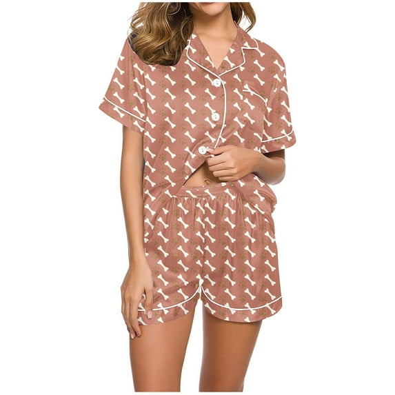 SwiftWear Women's Pajamas, Cute Dog Paw Print 2 Piece Pajama Sets Soft Short Sleeve Sleepwear Ladies Lounge Set Coffee L