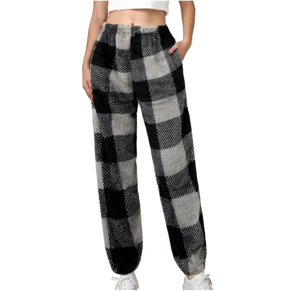 SwiftWear Women's Plaid Print Pajama Pants Plush Fluffy Double Fleece Pants Cuff Leg Loungewear Warm Trousers with Pockets Black M