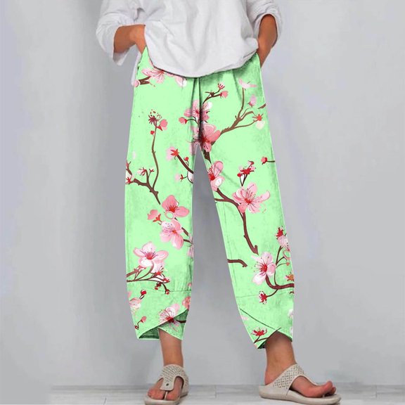 Yufatyle Women's Relaxed Fit Lightweight Quick Drying Stretch Woven Pants with Pockets Floral Printed Cropped Pants XXXL