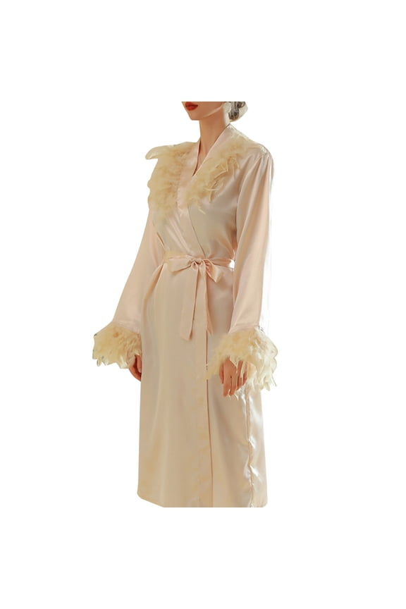 Women's Satin Robe Women's Long Sleeve Fuzzy Feather Trim Robe Bridesmaid Robe Wedding Party Robe Gold Homewear