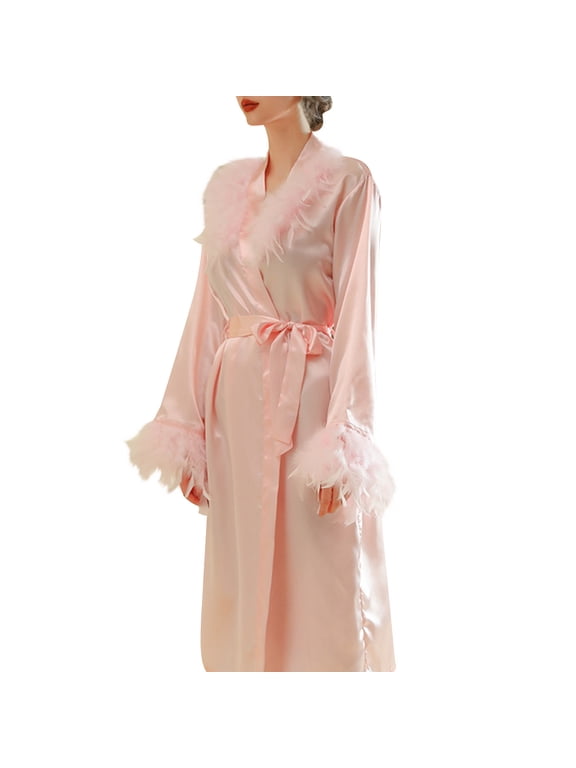 Women's Satin Robe Women's Long Sleeve Fuzzy Feather Trim Robe Bridesmaid Robe Wedding Party Robe Pink Homewear