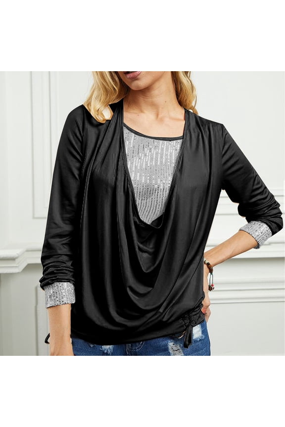 Women's Sequin Top Glitter Draped Neck Fake Two Piece Long Sleeve Festival Party Shirt Plus Size Sparkly Pullover Top XL