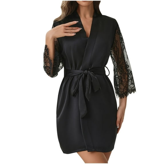 SwiftWear Women's Short Silky Robes Floral Lace Sleeve Kimono Bathrobe Black Satin Sleepwear Bride Bridesmaids Wedding Party, XL