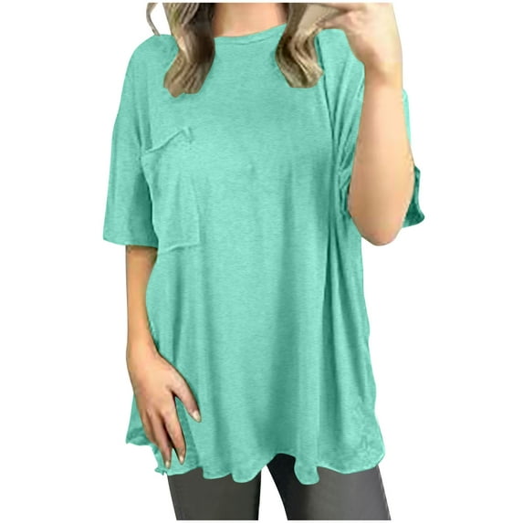 SwiftWear Women's Short Sleeve Round Neck T Shirt Solid Color Pocket Pullover Loose Fit Flowy Basic Tee Tops S