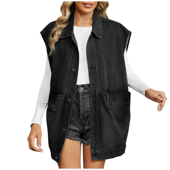 SwiftWear Women's Sleeveless Denim Coat Jean Jacket Button Down Casual Lapel Vest with Deep Pockets S