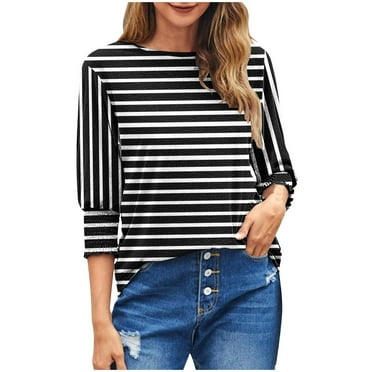 Yufatyle Women's Summer Puff 3/4 Sleeve Tunic Tops Round Neck Shirts Blouse Casual Loose Fit Striped T-Shirts S