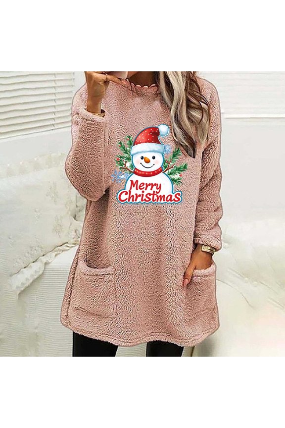 Women's Sweatshirt Cute Christmas Print Pullover Loose Casual Crew Neck Tops Winter Warm Homewear with Pockets 2XL