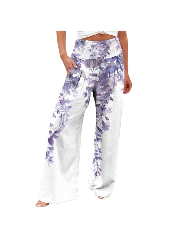 Yufatyle Women's Wide Leg Pants Casual Comfy Trendy Leaf Printed Pockets Pleated Elastic High Waist Straight Loose Pants XL