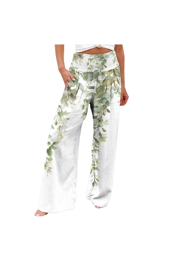 Women's Wide Leg Pants Casual Comfy Trendy Leaf Printed Pockets Pleated Elastic High Waist Straight Loose Pants XXL