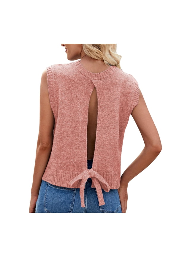 Women's Y2K Backless Tie Back Knot Knit Sweater Vest Crew Neck Cap Sleeve Pullover Tank Tops Pink M